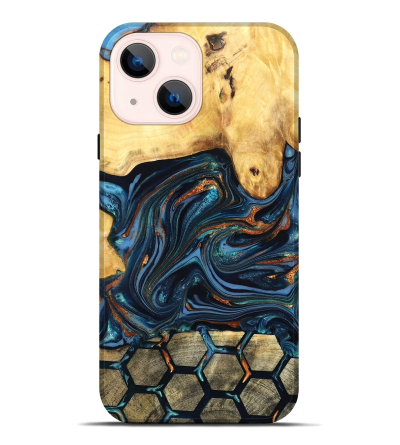 iPhone 14 Plus Wood Live Edge Phone Case - Bernice (Teal & Gold, 822749)