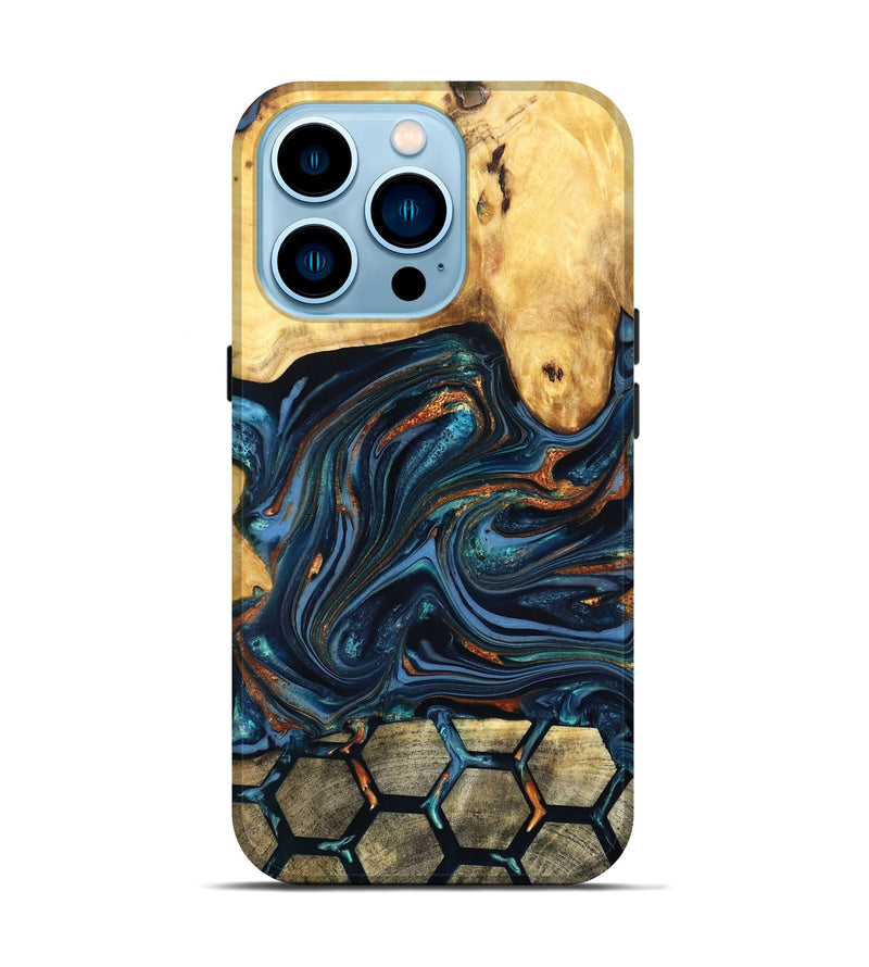 iPhone 14 Pro Wood Live Edge Phone Case - Bernice (Teal & Gold, 822749)