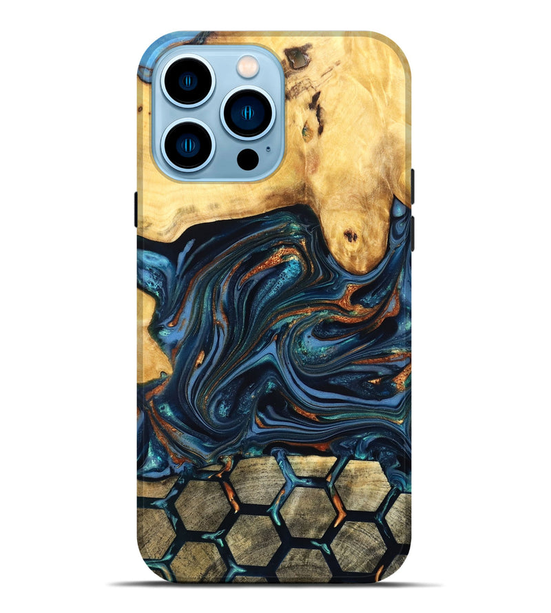 iPhone 14 Pro Max Wood Live Edge Phone Case - Bernice (Teal & Gold, 822749)