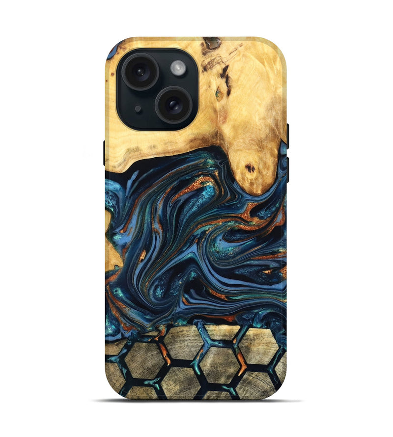 iPhone 15 Wood Live Edge Phone Case - Bernice (Teal & Gold, 822749)