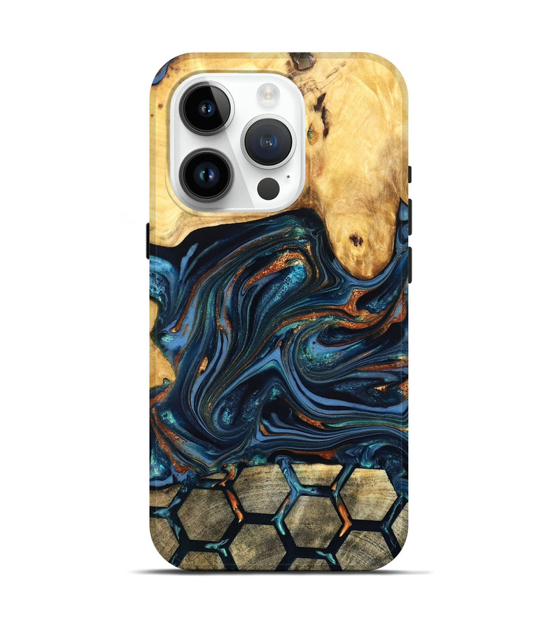 iPhone 15 Pro Wood Live Edge Phone Case - Bernice (Teal & Gold, 822749)