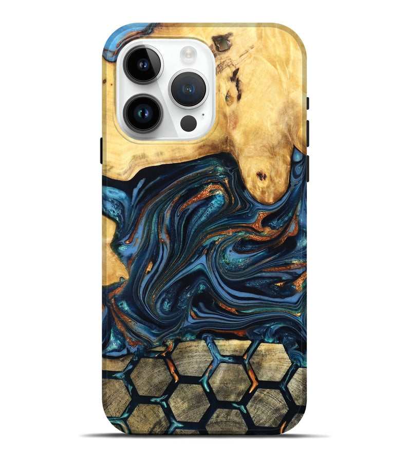 iPhone 15 Pro Max Wood Live Edge Phone Case - Bernice (Teal & Gold, 822749)