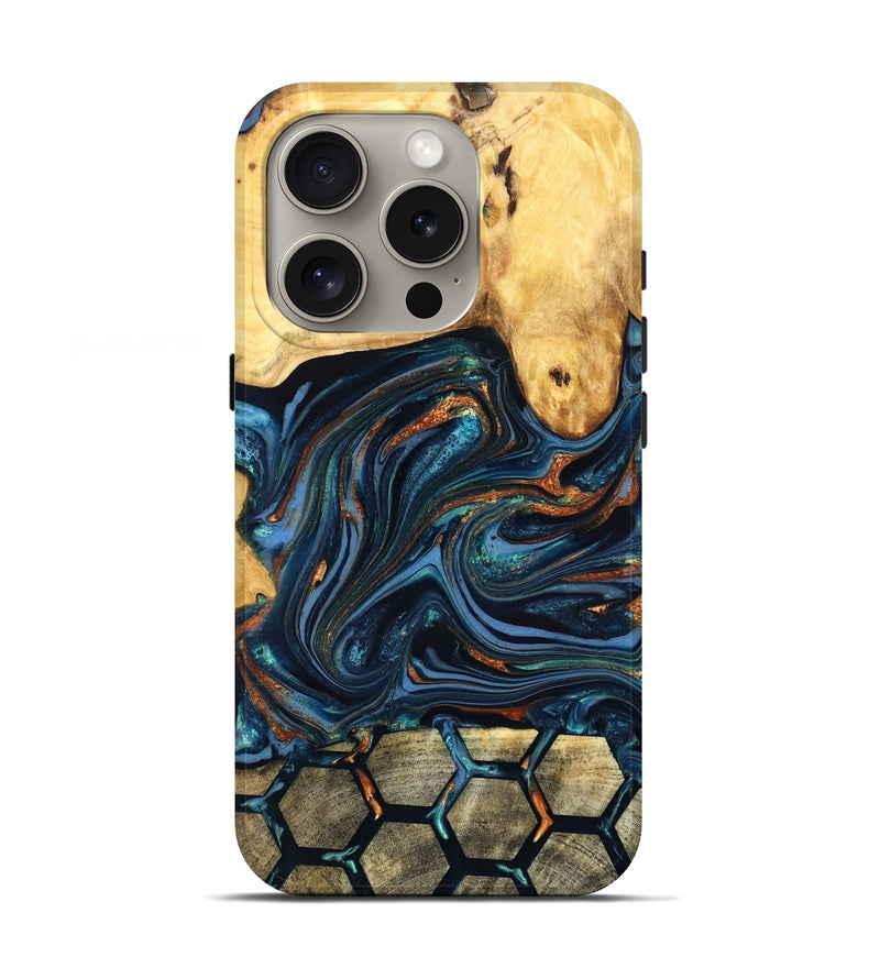 iPhone 16 Pro Wood Live Edge Phone Case - Bernice (Teal & Gold, 822749)