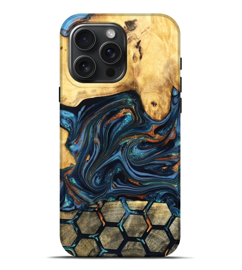 iPhone 16 Pro Max Wood Live Edge Phone Case - Bernice (Teal & Gold, 822749)