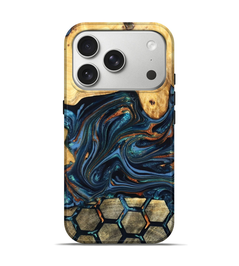iPhone 17 Pro Wood Live Edge Phone Case - Bernice (Teal & Gold, 822749)