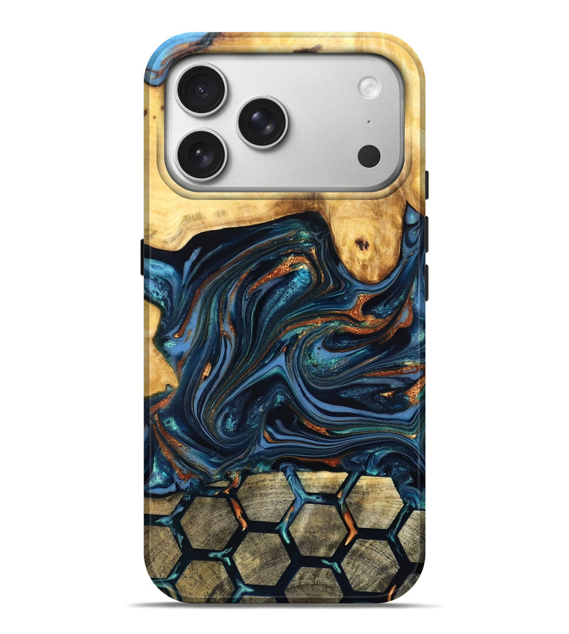 iPhone 17 Pro Max Wood Live Edge Phone Case - Bernice (Teal & Gold, 822749)