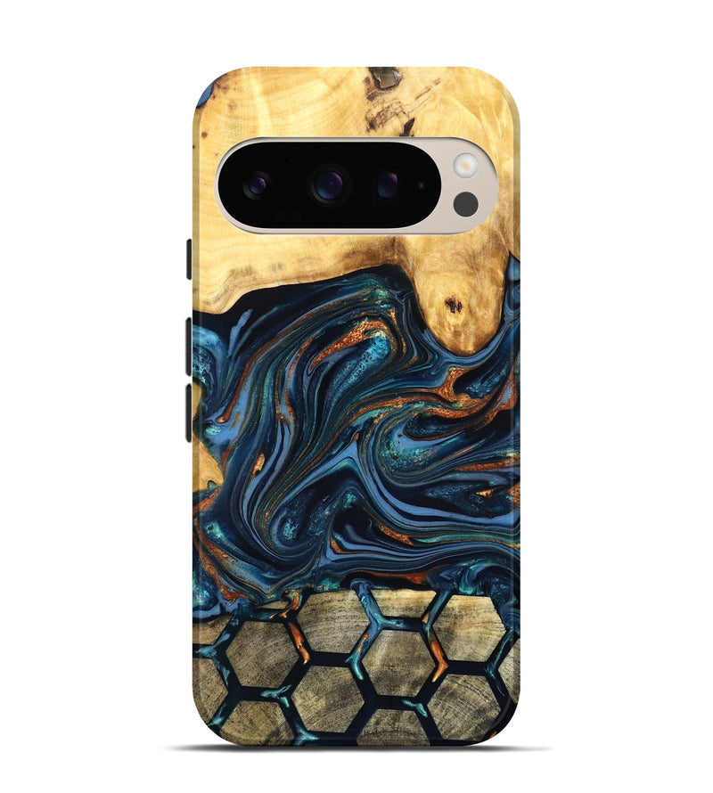 Pixel 10 Pro Wood Live Edge Phone Case - Bernice (Teal & Gold, 822749)