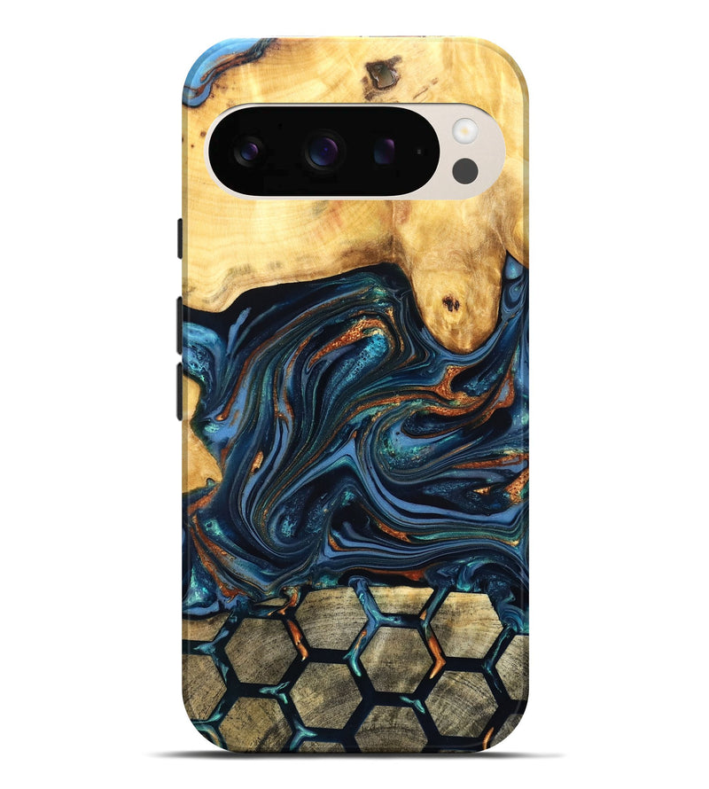 Pixel 10 Pro XL Wood Live Edge Phone Case - Bernice (Teal & Gold, 822749)