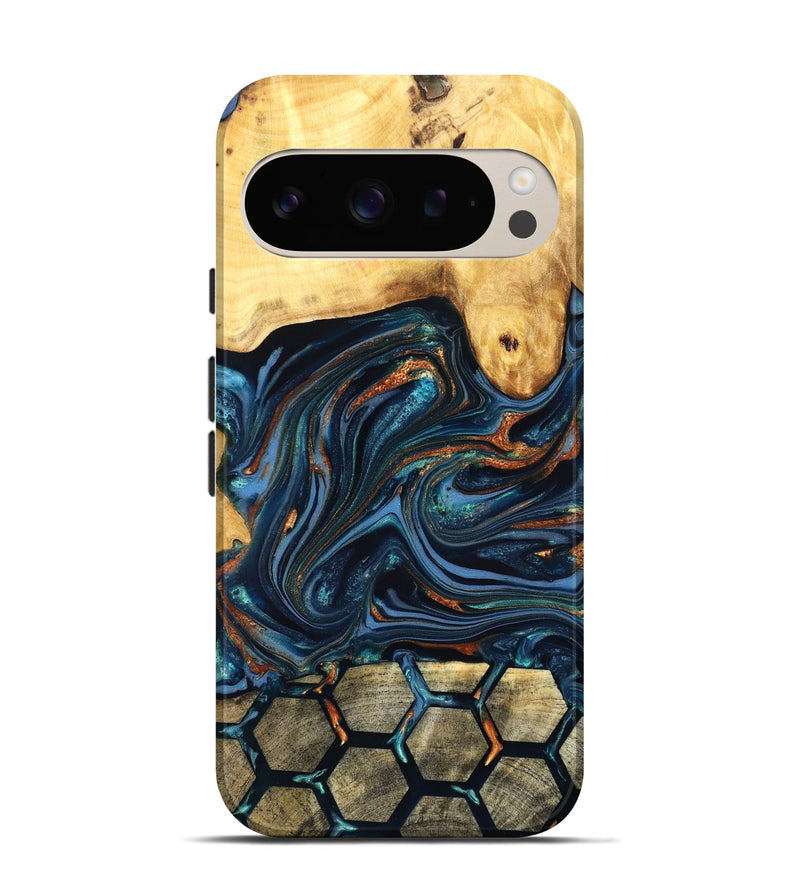 Pixel 9 Wood Live Edge Phone Case - Bernice (Teal & Gold, 822749)