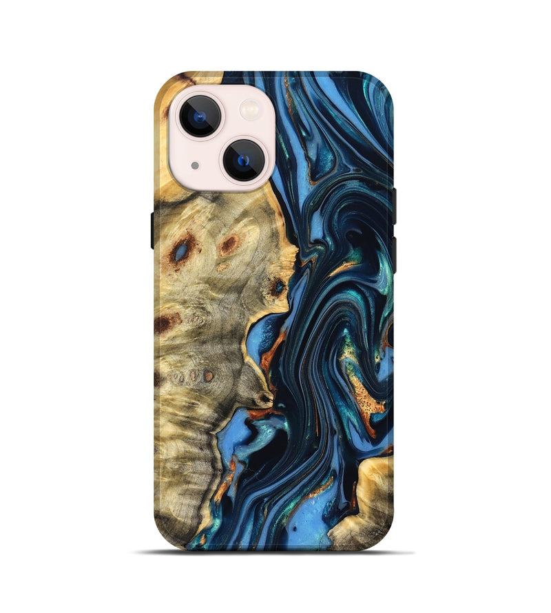 iPhone 13 mini Wood Live Edge Phone Case - Clem (Teal & Gold, 822750)