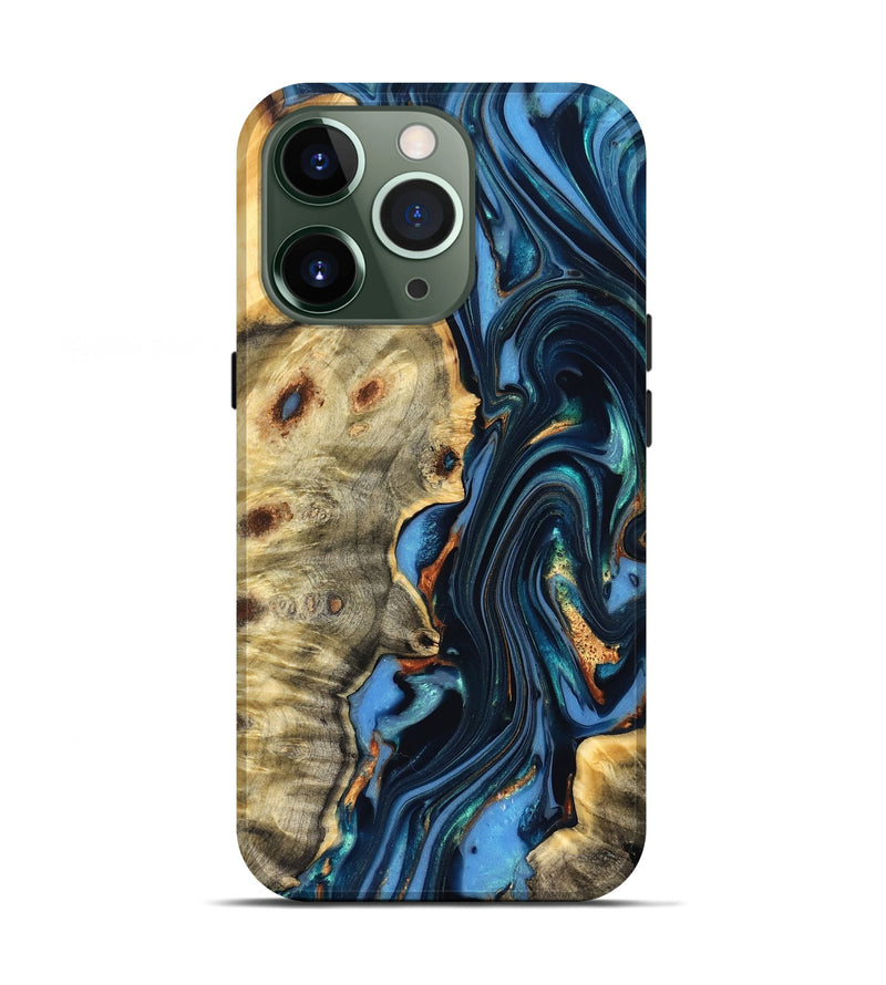 iPhone 13 Pro Wood Live Edge Phone Case - Clem (Teal & Gold, 822750)