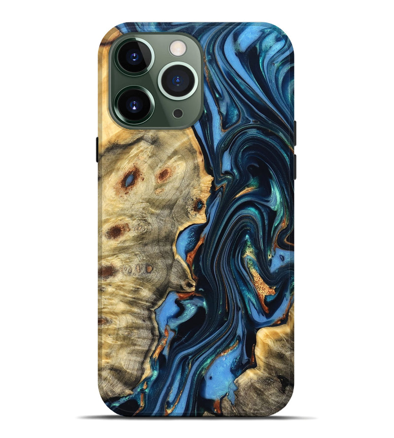 iPhone 13 Pro Max Wood Live Edge Phone Case - Clem (Teal & Gold, 822750)