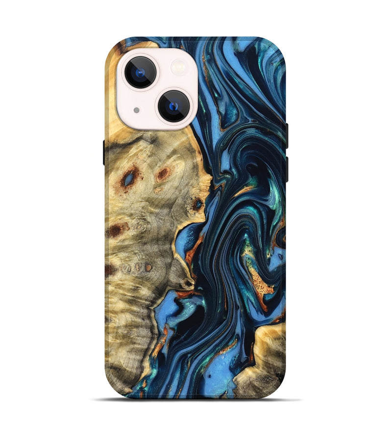 iPhone 14 Wood Live Edge Phone Case - Clem (Teal & Gold, 822750)