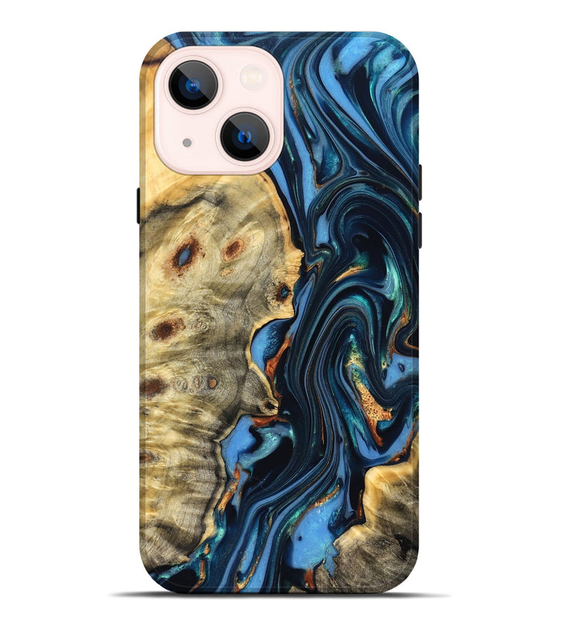 iPhone 14 Plus Wood Live Edge Phone Case - Clem (Teal & Gold, 822750)