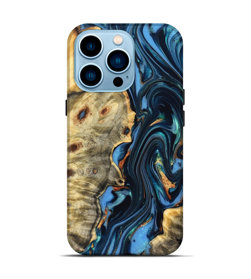 iPhone 14 Pro Wood Live Edge Phone Case - Clem (Teal & Gold, 822750)