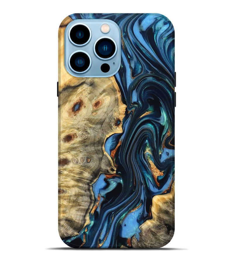 iPhone 14 Pro Max Wood Live Edge Phone Case - Clem (Teal & Gold, 822750)