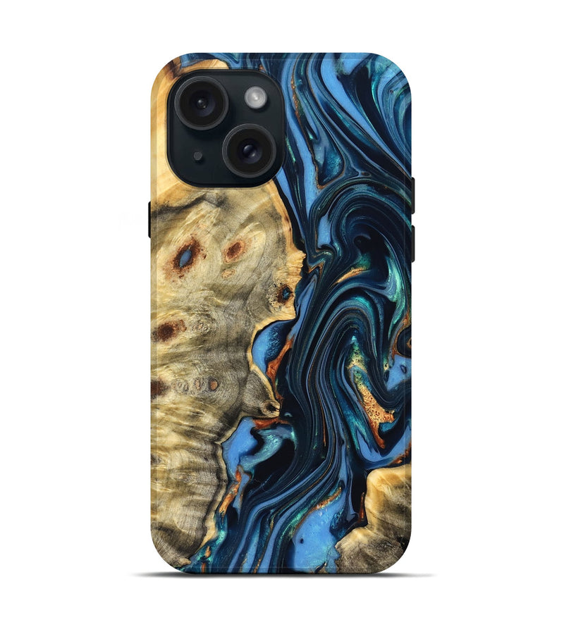 iPhone 15 Wood Live Edge Phone Case - Clem (Teal & Gold, 822750)