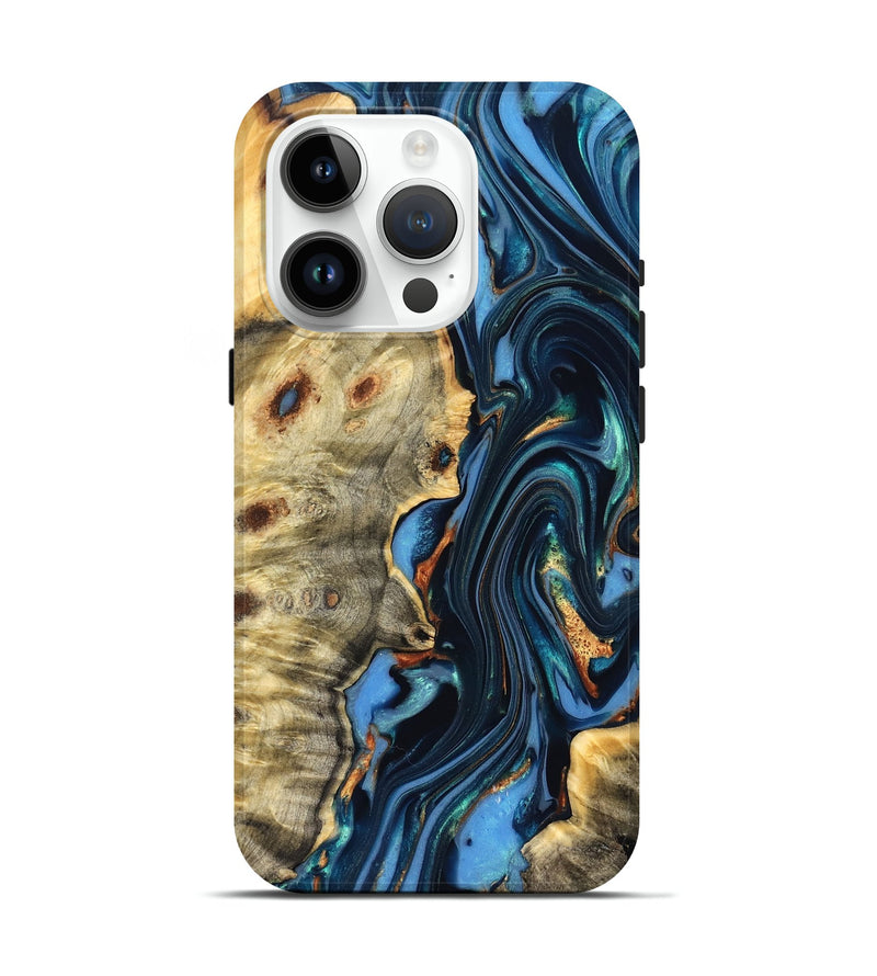 iPhone 15 Pro Wood Live Edge Phone Case - Clem (Teal & Gold, 822750)