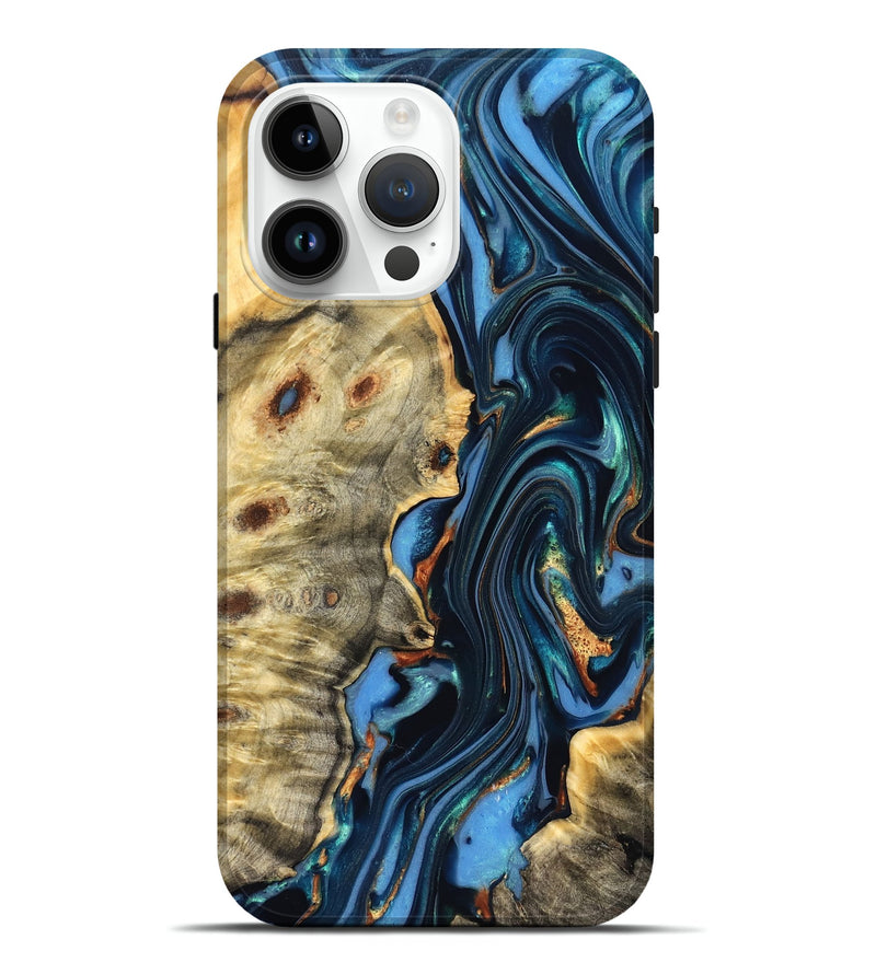 iPhone 15 Pro Max Wood Live Edge Phone Case - Clem (Teal & Gold, 822750)