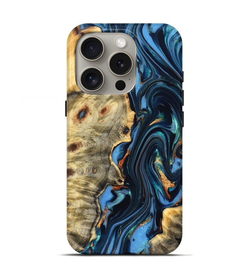 iPhone 16 Pro Wood Live Edge Phone Case - Clem (Teal & Gold, 822750)