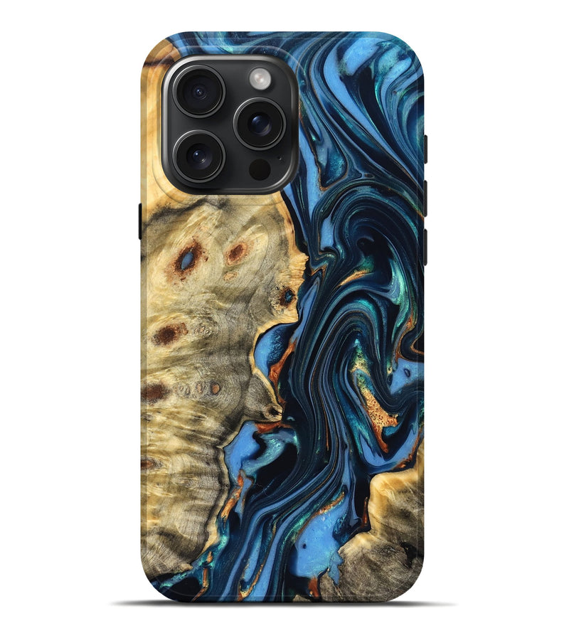 iPhone 16 Pro Max Wood Live Edge Phone Case - Clem (Teal & Gold, 822750)