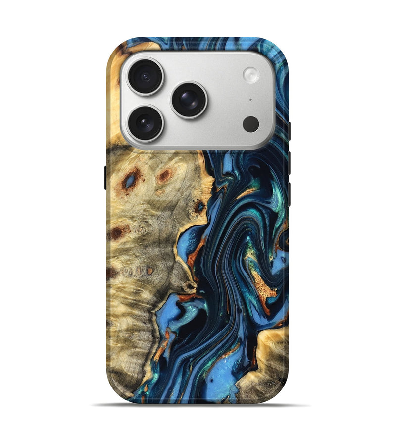iPhone 17 Pro Wood Live Edge Phone Case - Clem (Teal & Gold, 822750)
