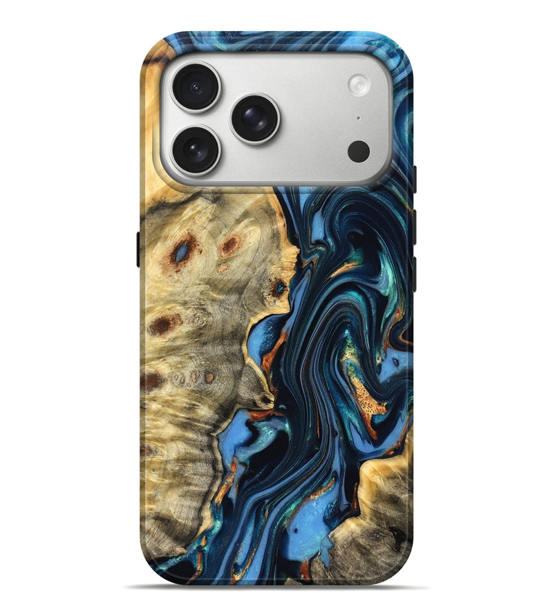 iPhone 17 Pro Max Wood Live Edge Phone Case - Clem (Teal & Gold, 822750)
