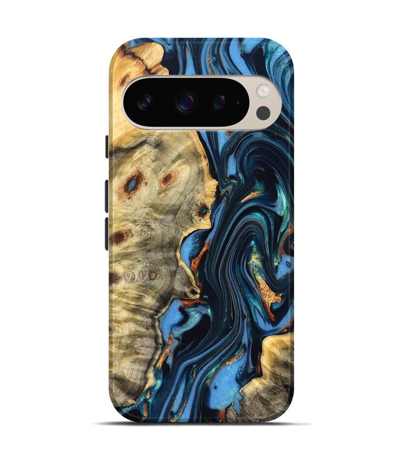 Pixel 9 Wood Live Edge Phone Case - Clem (Teal & Gold, 822750)