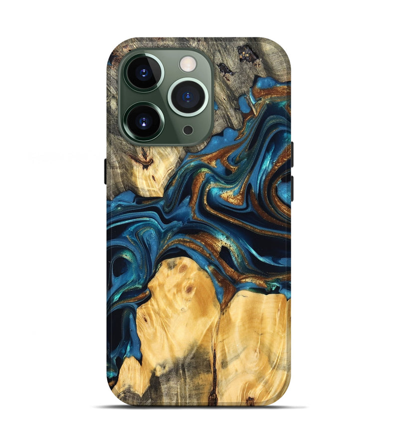 iPhone 13 Pro Wood Live Edge Phone Case - Sonji (Teal & Gold, 822751)
