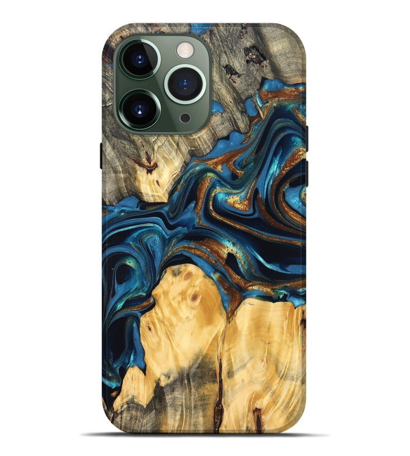 iPhone 13 Pro Max Wood Live Edge Phone Case - Sonji (Teal & Gold, 822751)
