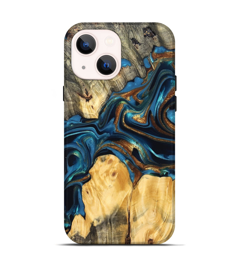 iPhone 14 Wood Live Edge Phone Case - Sonji (Teal & Gold, 822751)