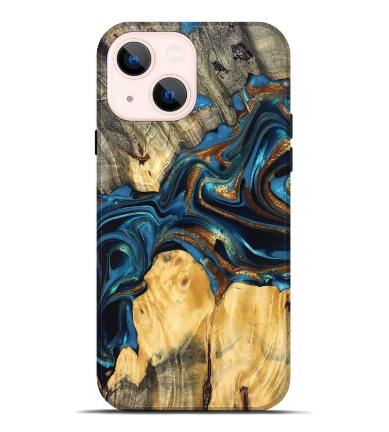 iPhone 14 Plus Wood Live Edge Phone Case - Sonji (Teal & Gold, 822751)