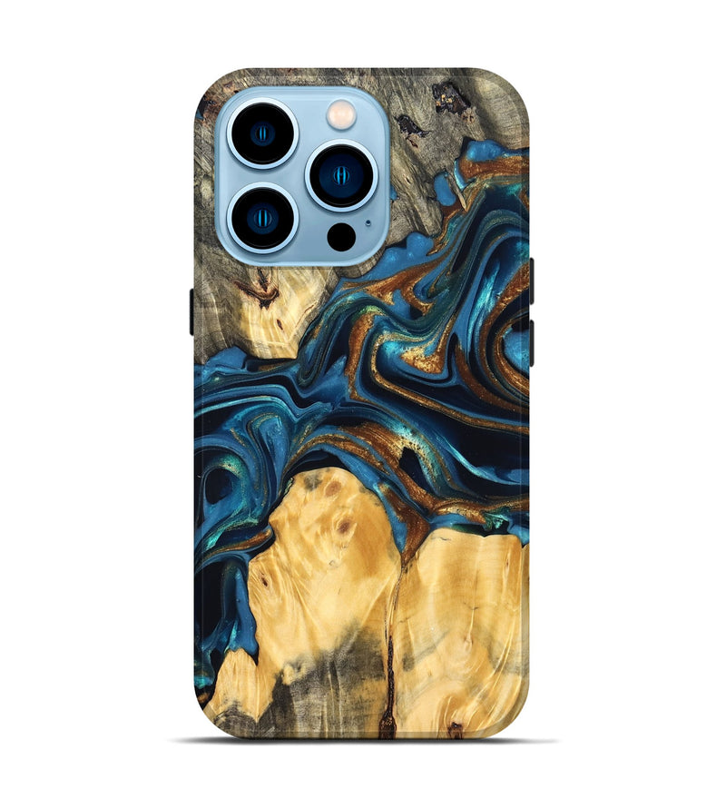 iPhone 14 Pro Wood Live Edge Phone Case - Sonji (Teal & Gold, 822751)