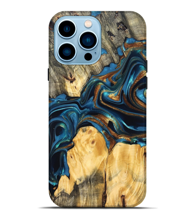 iPhone 14 Pro Max Wood Live Edge Phone Case - Sonji (Teal & Gold, 822751)