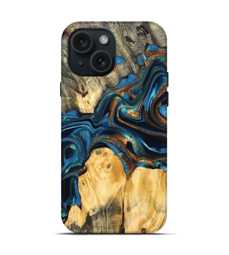 iPhone 15 Wood Live Edge Phone Case - Sonji (Teal & Gold, 822751)
