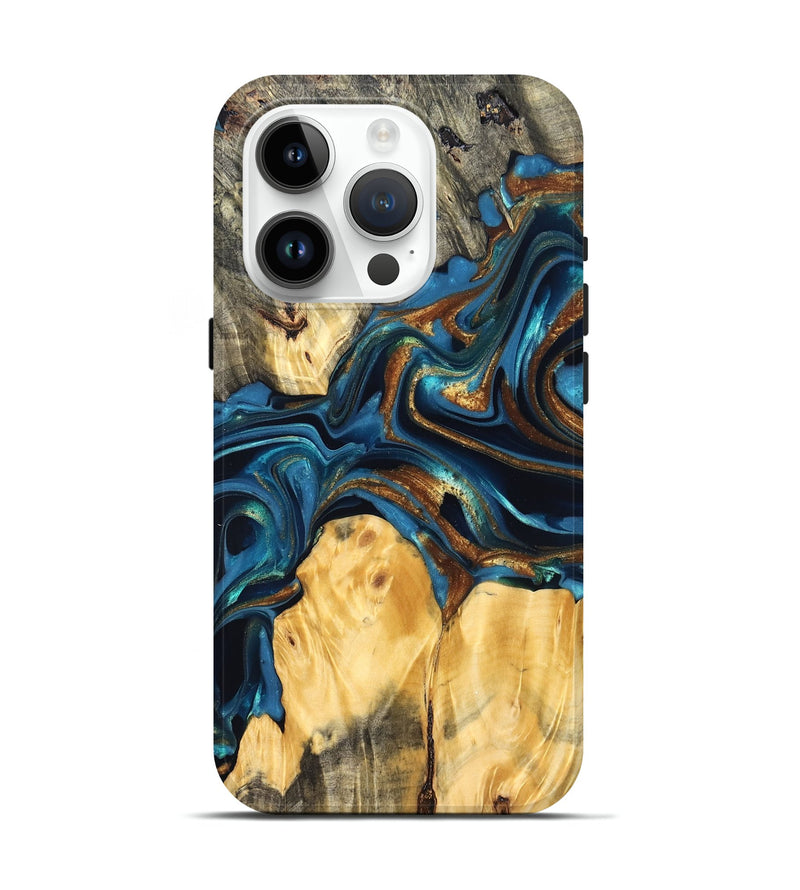 iPhone 15 Pro Wood Live Edge Phone Case - Sonji (Teal & Gold, 822751)