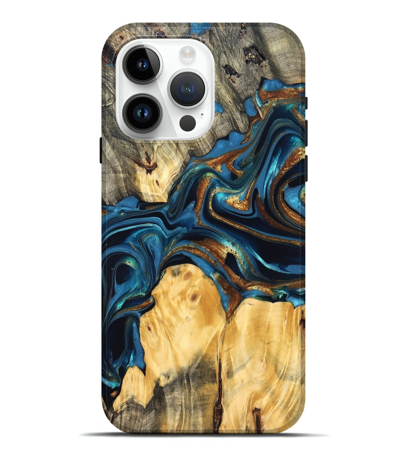 iPhone 15 Pro Max Wood Live Edge Phone Case - Sonji (Teal & Gold, 822751)