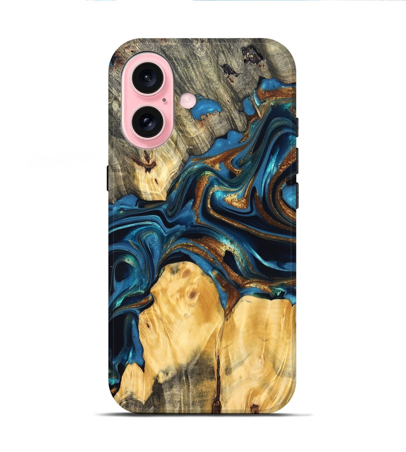 iPhone 16 Wood Live Edge Phone Case - Sonji (Teal & Gold, 822751)