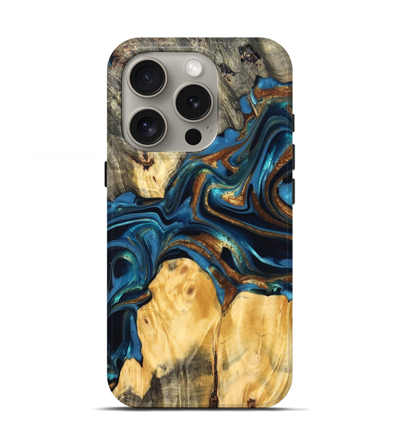 iPhone 16 Pro Wood Live Edge Phone Case - Sonji (Teal & Gold, 822751)