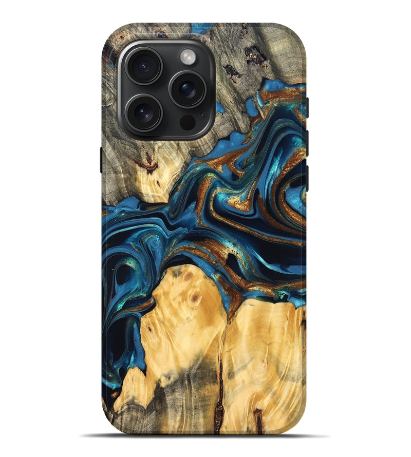 iPhone 16 Pro Max Wood Live Edge Phone Case - Sonji (Teal & Gold, 822751)