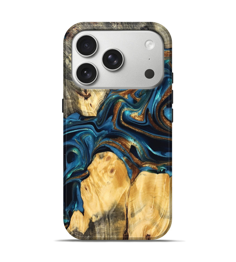 iPhone 17 Pro Wood Live Edge Phone Case - Sonji (Teal & Gold, 822751)