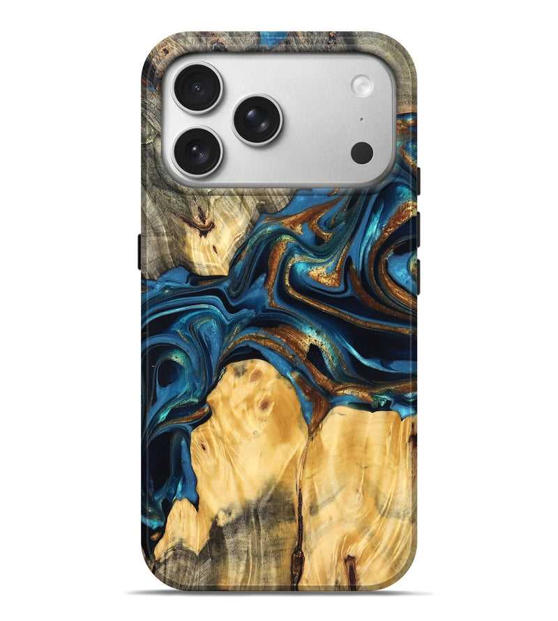 iPhone 17 Pro Max Wood Live Edge Phone Case - Sonji (Teal & Gold, 822751)