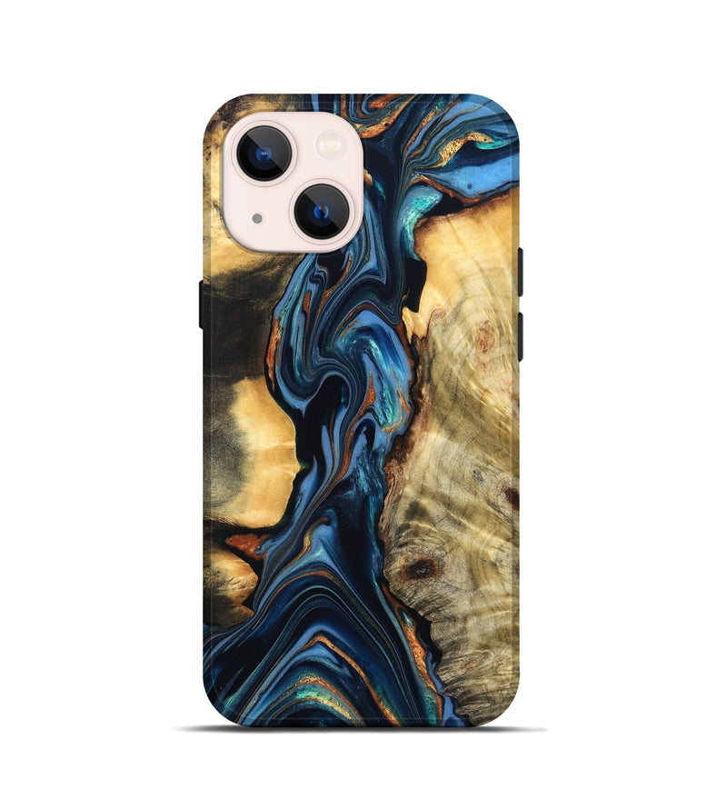 iPhone 13 mini Wood Live Edge Phone Case - Aydin (Teal & Gold, 822755)