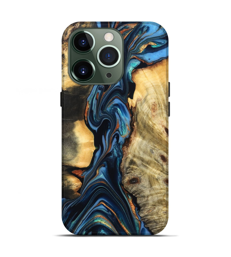 iPhone 13 Pro Wood Live Edge Phone Case - Aydin (Teal & Gold, 822755)