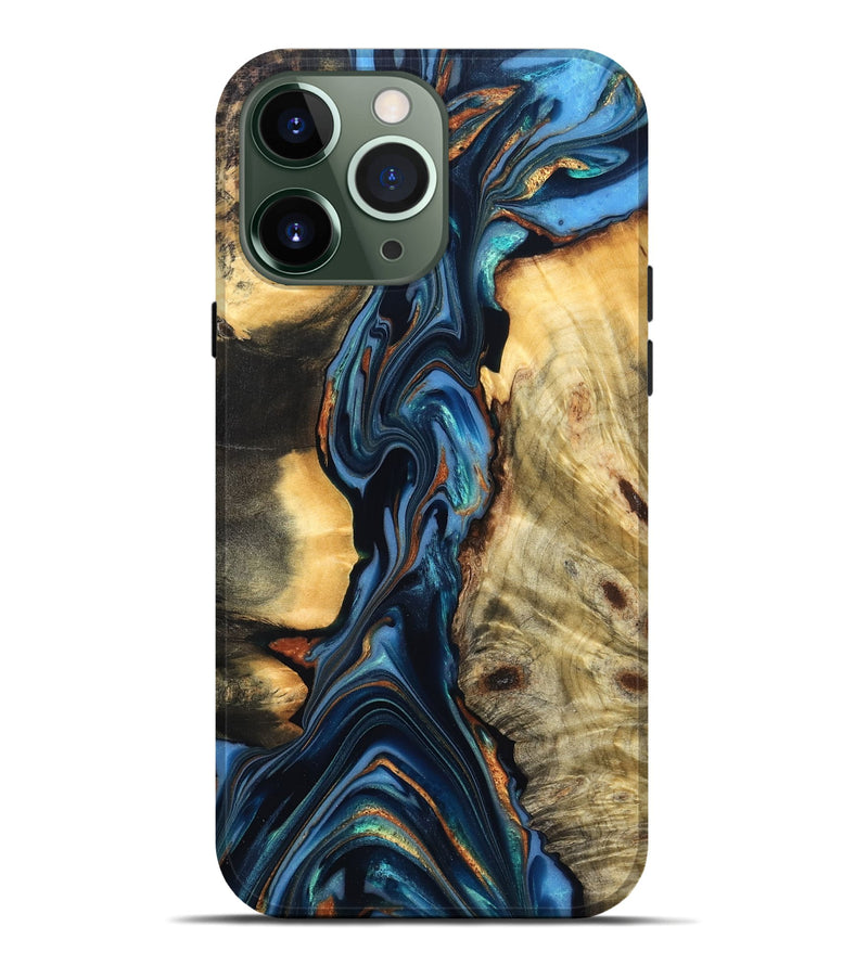 iPhone 13 Pro Max Wood Live Edge Phone Case - Aydin (Teal & Gold, 822755)