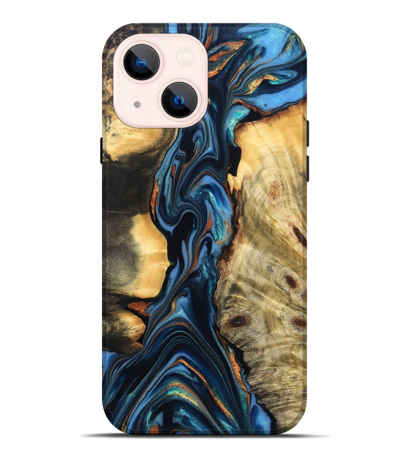 iPhone 14 Plus Wood Live Edge Phone Case - Aydin (Teal & Gold, 822755)