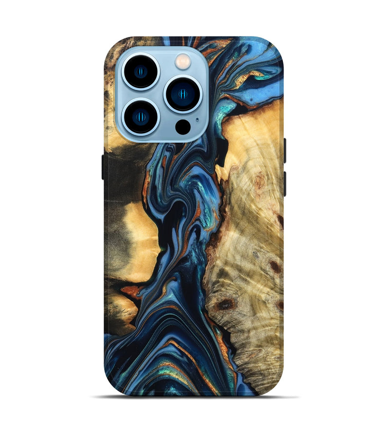iPhone 14 Pro Wood Live Edge Phone Case - Aydin (Teal & Gold, 822755)