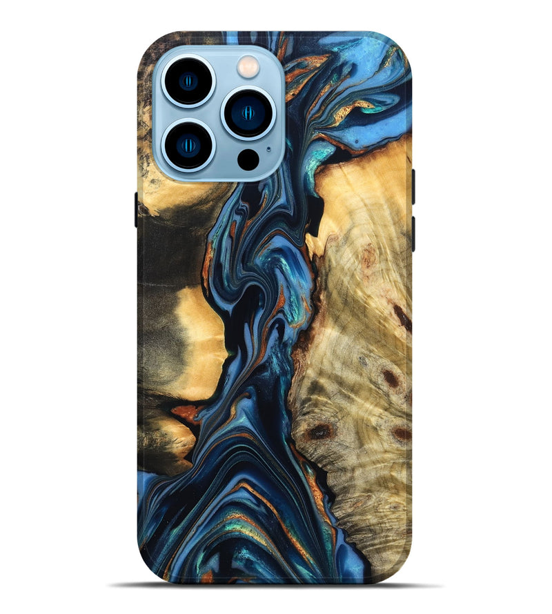 iPhone 14 Pro Max Wood Live Edge Phone Case - Aydin (Teal & Gold, 822755)