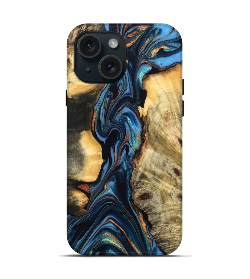 iPhone 15 Wood Live Edge Phone Case - Aydin (Teal & Gold, 822755)