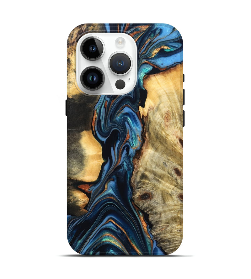 iPhone 15 Pro Wood Live Edge Phone Case - Aydin (Teal & Gold, 822755)